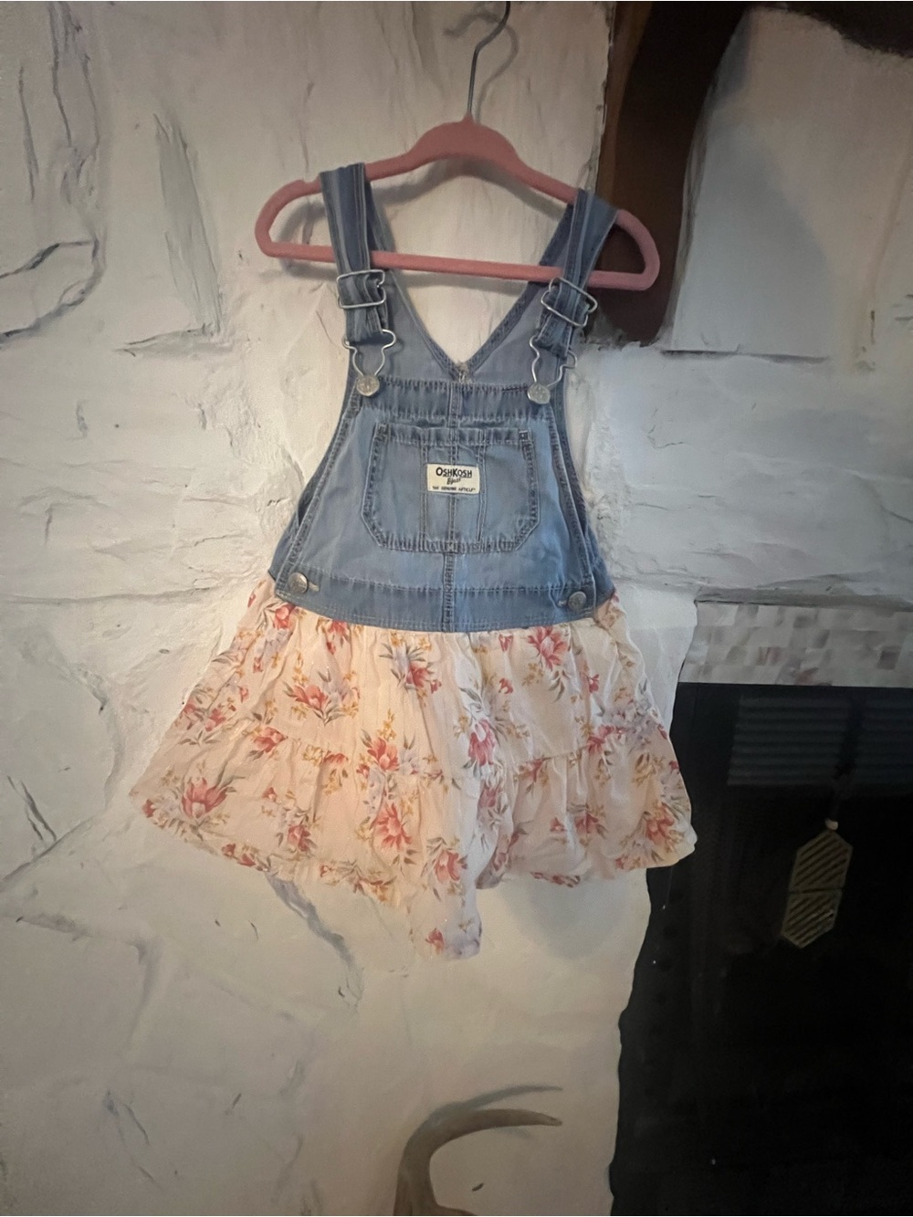 OshKosh B'gosh Denim Top Floral Skirt Overall Dress in Blue and Cream